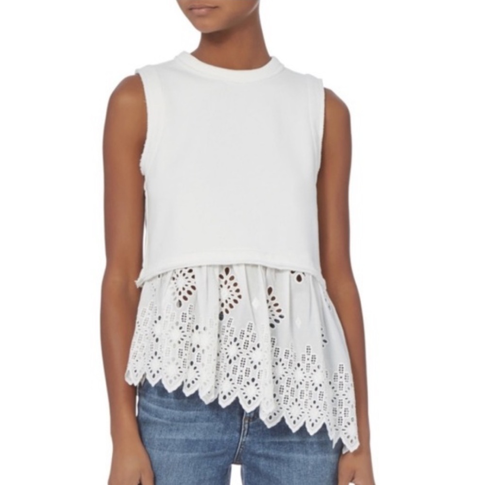 Sea New York White Top with Asymmetrical Eyelet Lace